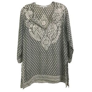 Gretchen Scott Embroidered Tunic Boho Top Black White Floral Caftan Coverup S